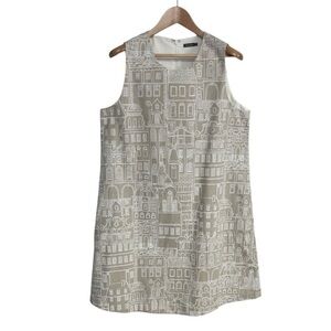 J McLaughlin Cityscape Print Cotton Sleeveless Shift Dress Beige Size Large